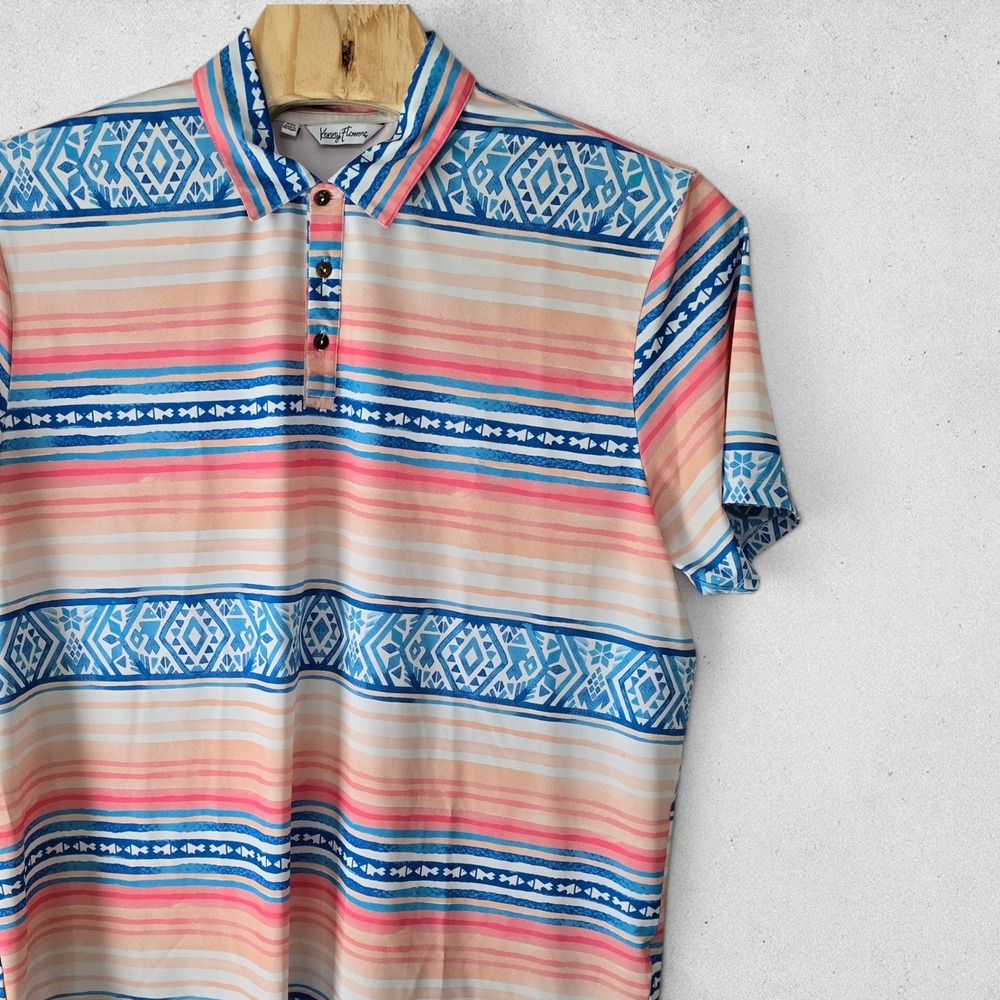 Kenny Flowers Mens 3XL Performance‎ Polo Shirt Blue Coral Geometric Striped